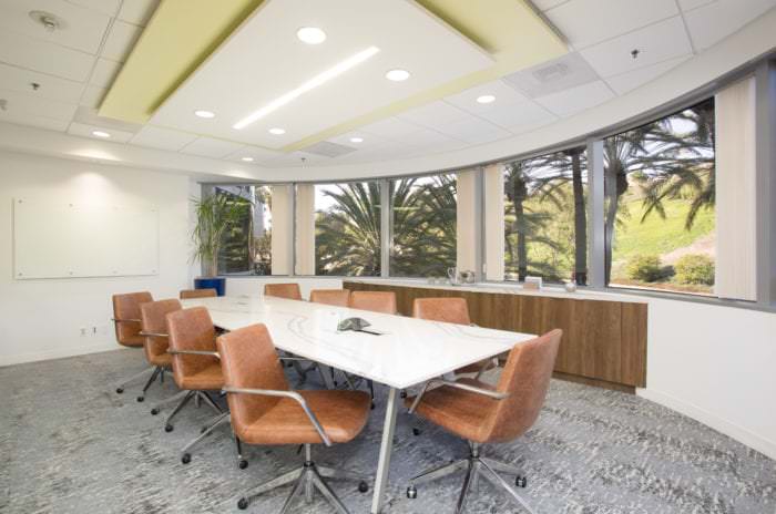 A conference room with a gorgeous view of Florida palm trees