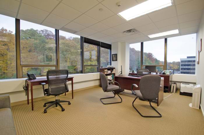Shared office area with scenic view of the foliage of Westchester, New York.