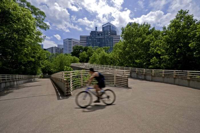 A man riding a bike at the park in Arlington, Va