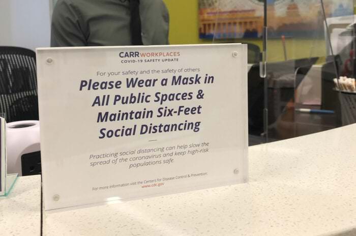 "Please Wear a Mask" sign at Carr Workplaces Fort Lauderdale