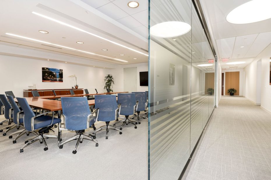 Boardroom with glass wall at Carr Workplaces Reston Town Center