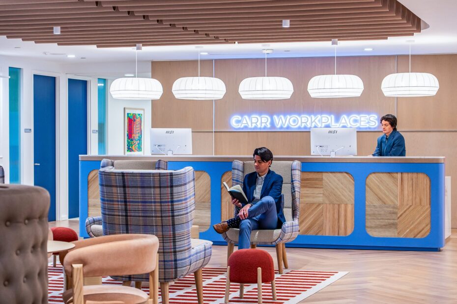 Reception and lounge at Carr Workplaces Tysons in McLean, Virginia