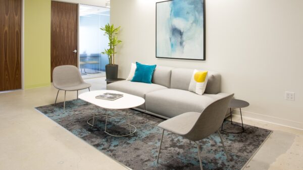 Lobby lounge seating at Carr Workplaces DTLA in downtown Los Angeles